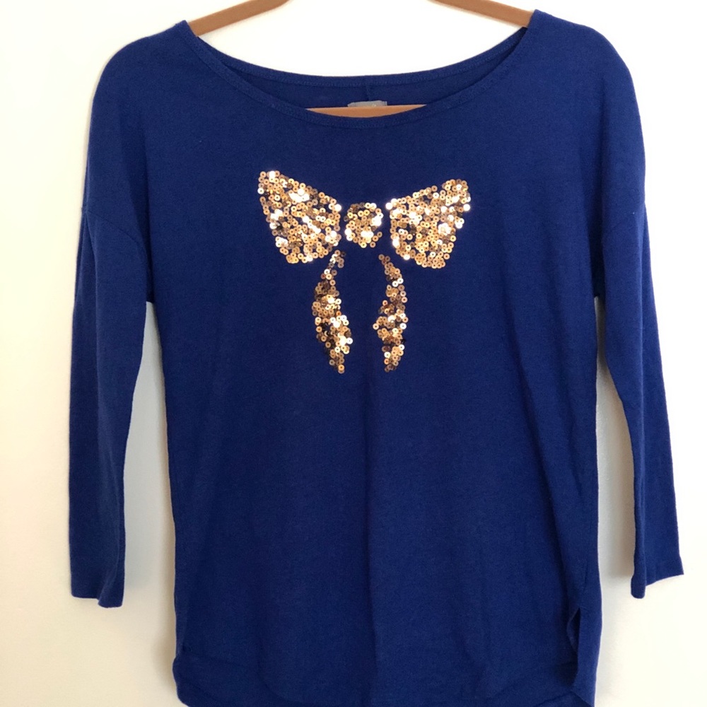 Aerie Dark Blue Shirt with Gold Sequin Bow Size- S